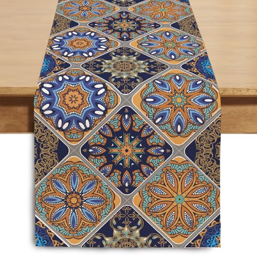 Winotic Boho Bohemian Table Runner 36 Inches Long, Vintage Seasonal Blue Table Runners for Party Kitchen Dining Coffee Table Bedroom Dressers Indoor Outdoor, Machine Washable (Bohemian C, 13” x 36”) - Image 1