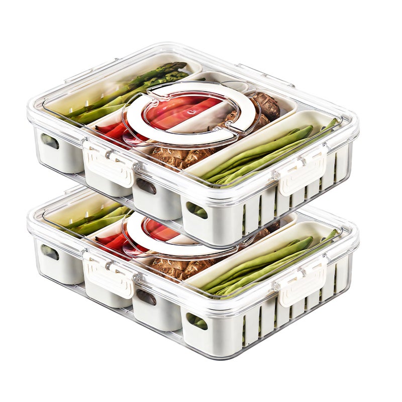 MineSign 2Pack Divided Snackle Box with Lids Stackable Food Serving Tray for Fruit&Veggie Plastic Fridge Storage Container for Pantry Freezer Clear Snack Box for Meal Prep Candy Nuts Spice - Image 1