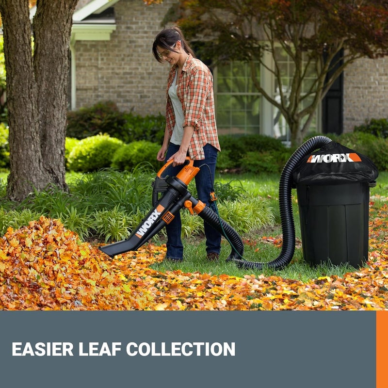 WORX Trivac 3-in-1 Electric Leaf Blower for Lawn Care, Leaf Mulcher/Leaf Vacuum with Bag, 350 CFM & 210 MPH, Leaf Shredder with Metal Impeller, Reusable Bag Included, Corded, WG505.2 - Image 2