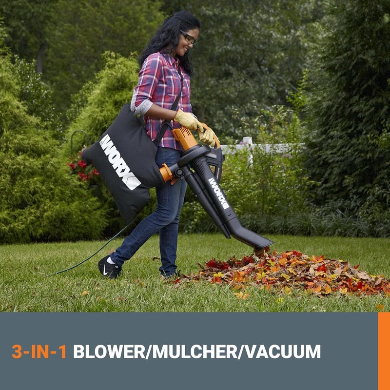 WORX Trivac 3-in-1 Electric Leaf Blower for Lawn Care, Leaf Mulcher/Leaf Vacuum with Bag, 350 CFM & 210 MPH, Leaf Shredder with Metal Impeller, Reusable Bag Included, Corded, WG505.2 - Image 3