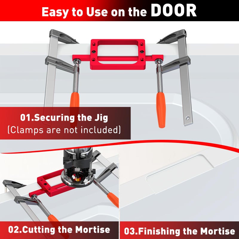 Gohelper 3-1/2" Fixed Size Door Hinge Jig for Door and Jamb, Aluminum Alloy Door Hinge Template Kit for Router, Mortise Jig Fits 3.5" Length 1/4" R, 5/8" R and Square Corner Hinges (Red One) - Image 4
