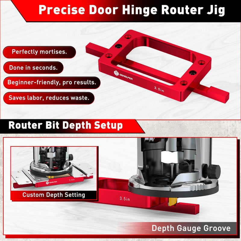 Gohelper 3-1/2" Fixed Size Door Hinge Jig for Door and Jamb, Aluminum Alloy Door Hinge Template Kit for Router, Mortise Jig Fits 3.5" Length 1/4" R, 5/8" R and Square Corner Hinges (Red One) - Image 3