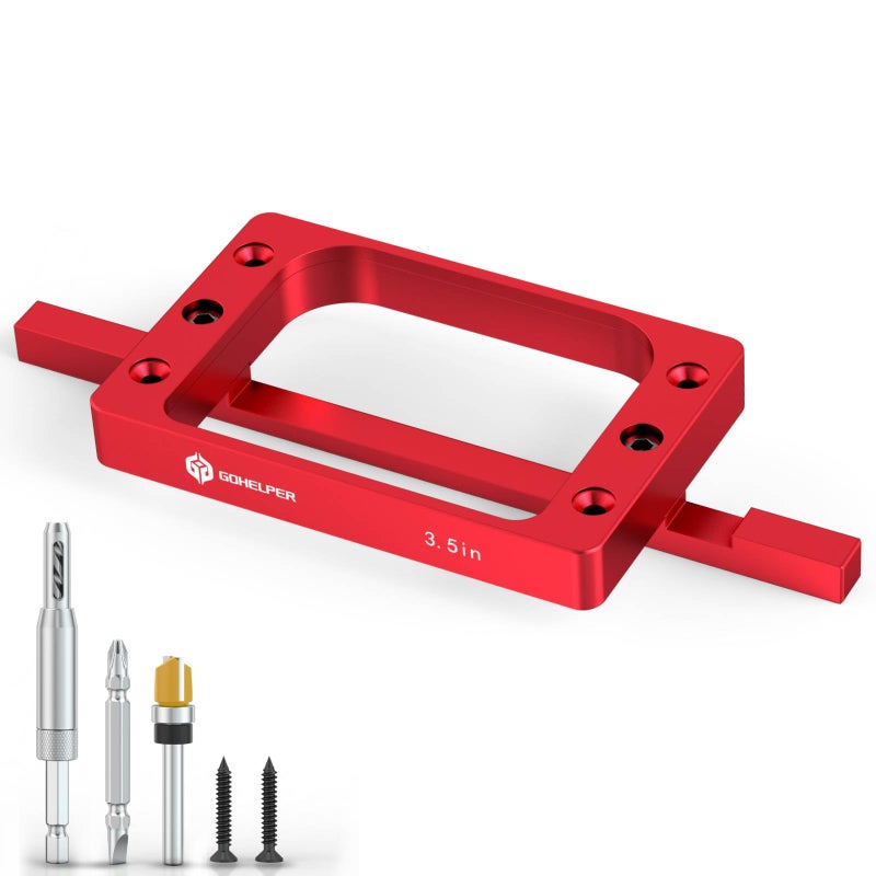 Gohelper 3-1/2" Fixed Size Door Hinge Jig for Door and Jamb, Aluminum Alloy Door Hinge Template Kit for Router, Mortise Jig Fits 3.5" Length 1/4" R, 5/8" R and Square Corner Hinges (Red One) - Image 1