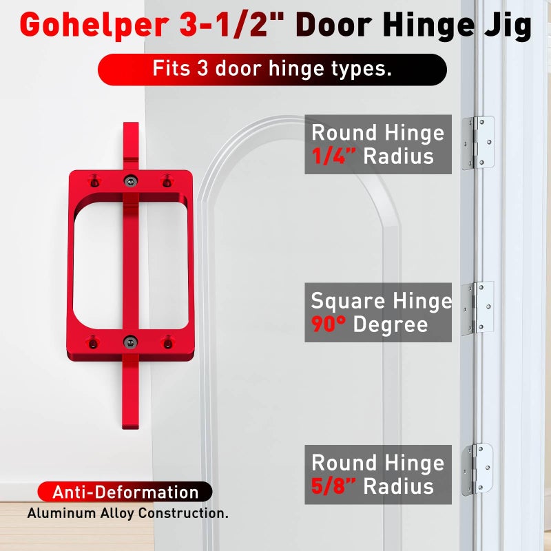 Gohelper 3-1/2" Fixed Size Door Hinge Jig for Door and Jamb, Aluminum Alloy Door Hinge Template Kit for Router, Mortise Jig Fits 3.5" Length 1/4" R, 5/8" R and Square Corner Hinges (Red One) - Image 2