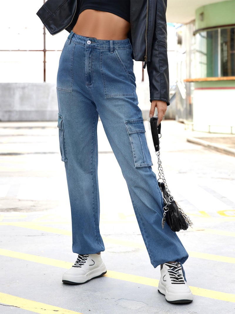 ZMPSIISA Women High Waisted Cargo Jeans Pants Wide Leg Casual Denim 6 Pockets Combat Military Trousers(Denim Blue2,Medium) - Image 2