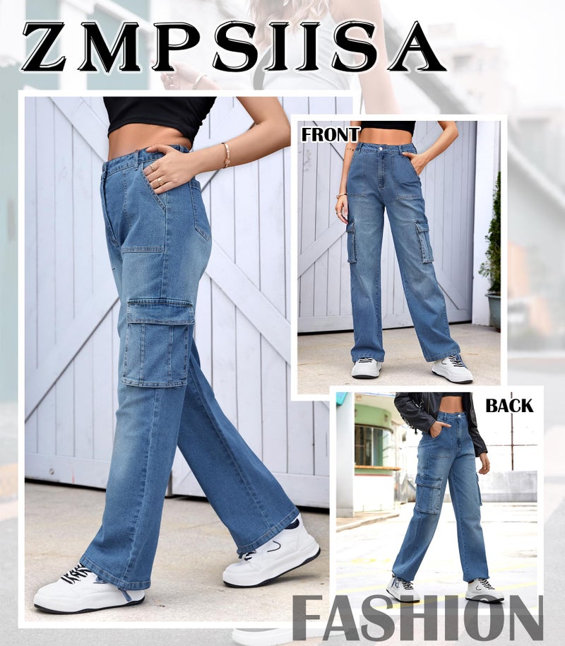 ZMPSIISA Women High Waisted Cargo Jeans Pants Wide Leg Casual Denim 6 Pockets Combat Military Trousers(Denim Blue2,Medium) - Image 5