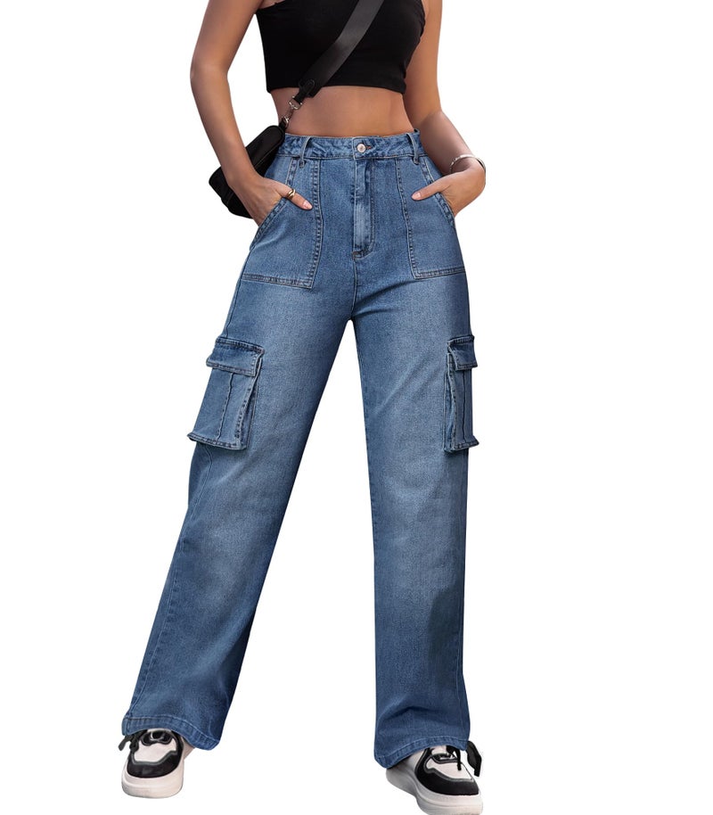 ZMPSIISA Women High Waisted Cargo Jeans Pants Wide Leg Casual Denim 6 Pockets Combat Military Trousers(Denim Blue2,Medium) - Image 1