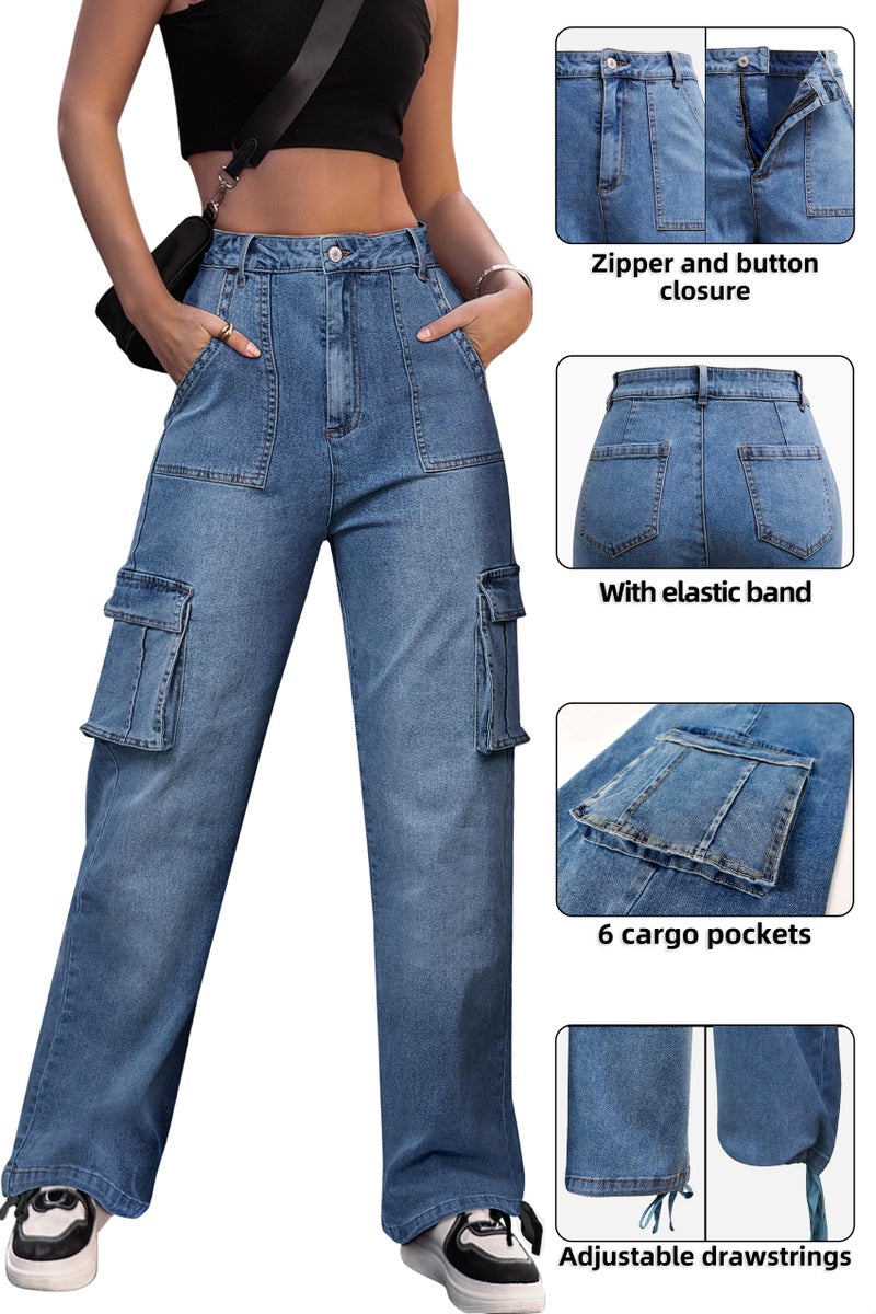 ZMPSIISA Women High Waisted Cargo Jeans Pants Wide Leg Casual Denim 6 Pockets Combat Military Trousers(Denim Blue2,Medium) - Image 4