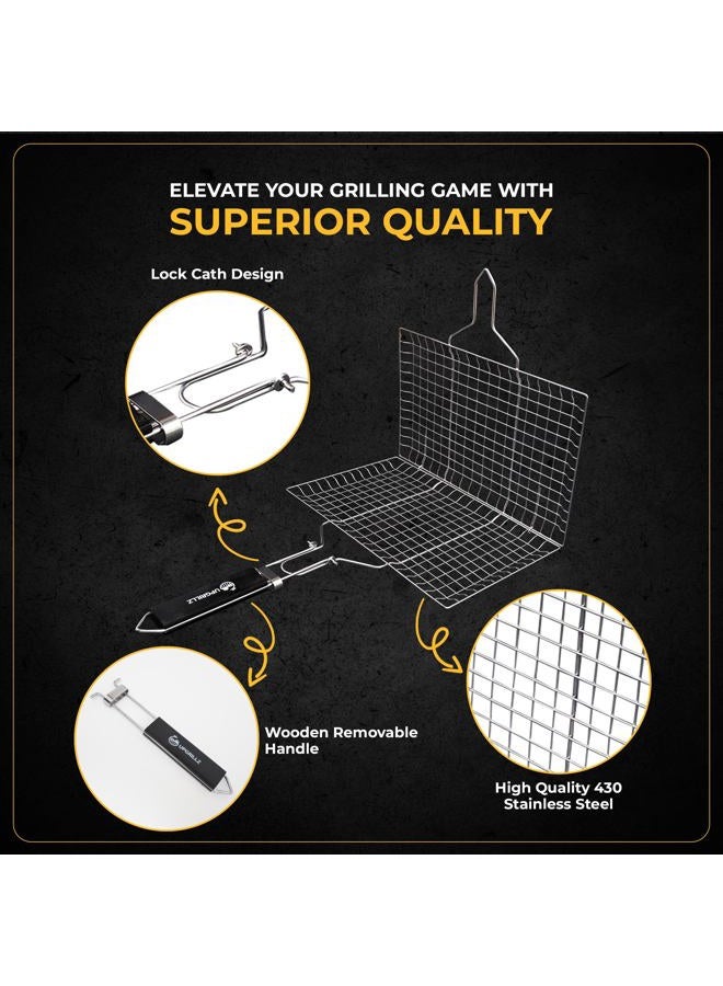 Upgrillz Portable BBQ Fish Grill Basket for Outdoor Grill, Rustproof 430 Stainless Steel with Detachable and Foldable Handle Includes 50 Bamboo skewers, basting Brush, and Carry Bag (Pack of 1) - Image 3
