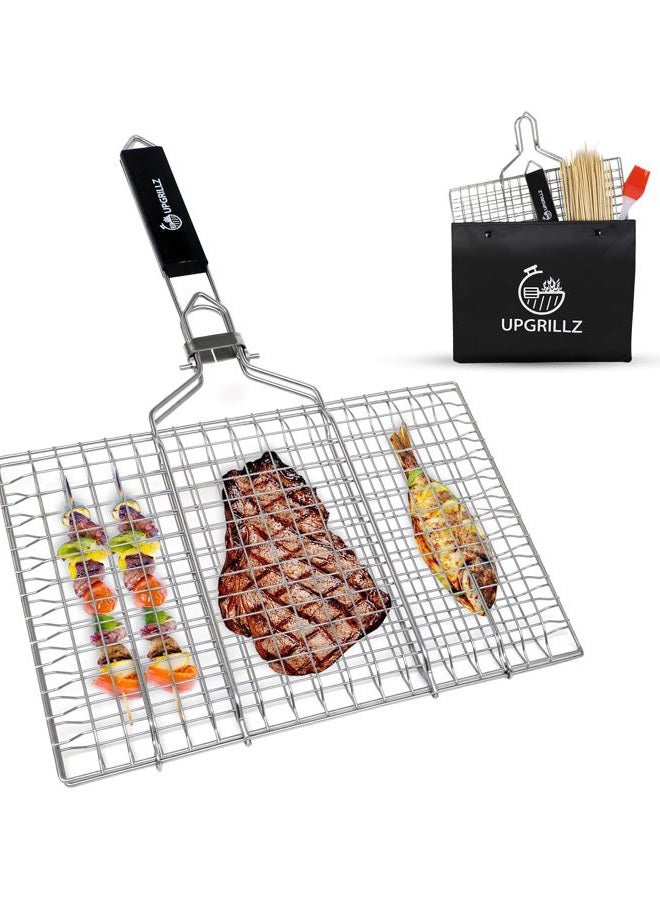 Upgrillz Portable BBQ Fish Grill Basket for Outdoor Grill, Rustproof 430 Stainless Steel with Detachable and Foldable Handle Includes 50 Bamboo skewers, basting Brush, and Carry Bag (Pack of 1) - Image 1