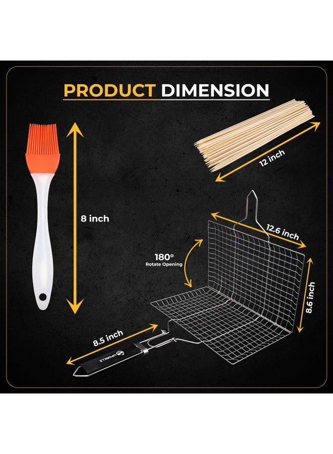 Upgrillz Portable BBQ Fish Grill Basket for Outdoor Grill, Rustproof 430 Stainless Steel with Detachable and Foldable Handle Includes 50 Bamboo skewers, basting Brush, and Carry Bag (Pack of 1) - Image 2