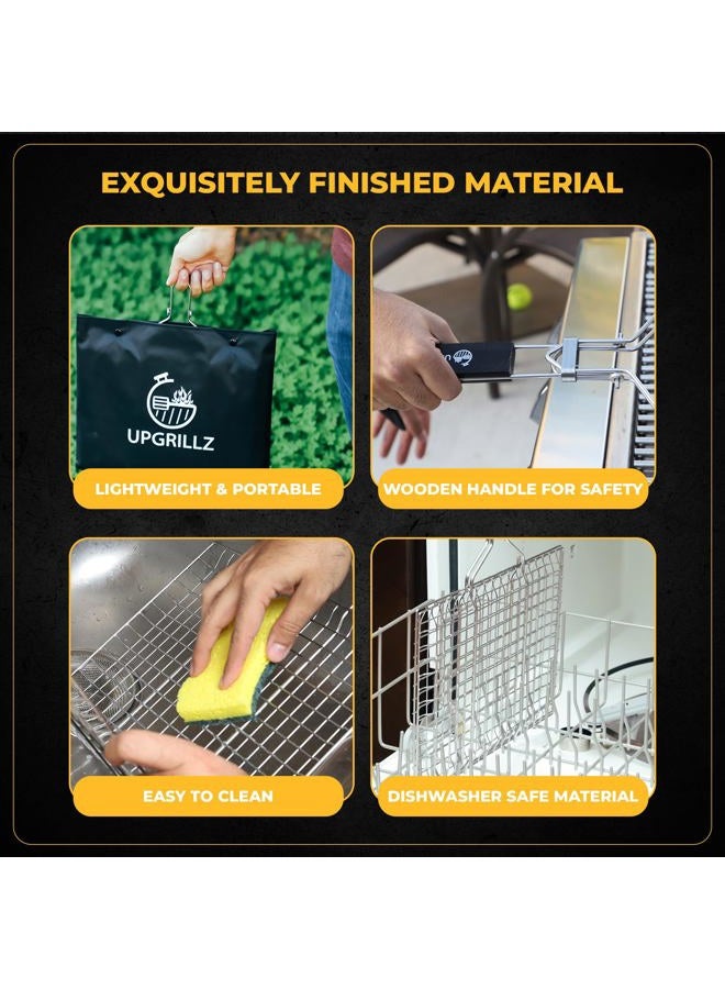 Upgrillz Portable BBQ Fish Grill Basket for Outdoor Grill, Rustproof 430 Stainless Steel with Detachable and Foldable Handle Includes 50 Bamboo skewers, basting Brush, and Carry Bag (Pack of 1) - Image 5