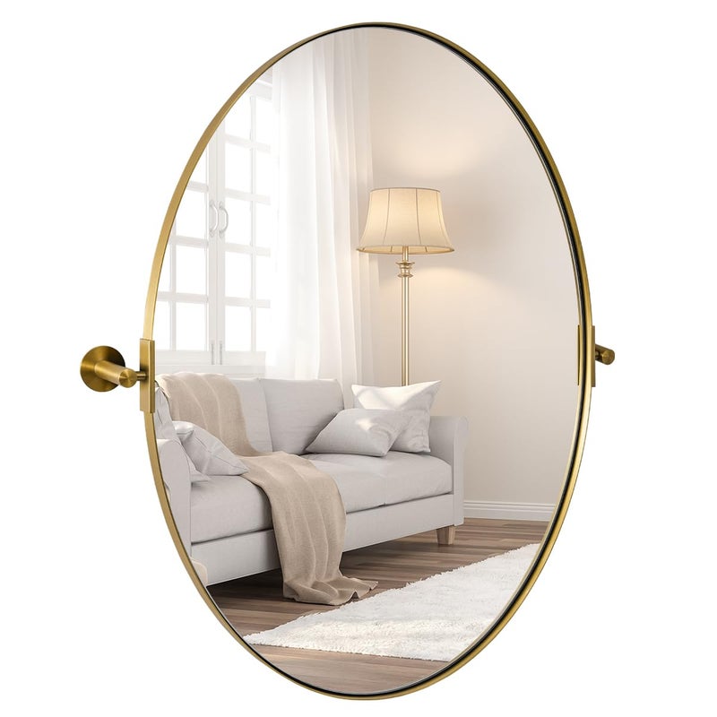 ANDY STAR Gold Bathroom Mirror 20 x 30 Tilting Vanity Oval Mirror for Wall Brushed Gold Stainless Steel Metal Frame Pivot Mirror Hangs Vertically WallMounted