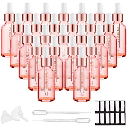 PrettyCare Glass Eye Dropper Bottles 24 Pack, 1oz (30ml) Rose Empty Thick Bottles Bulk with Leakproof Caps - With Labels & Funnels for Storage, Travel, Essential Oils, Cuticle Oils, Tinctures - Image 1