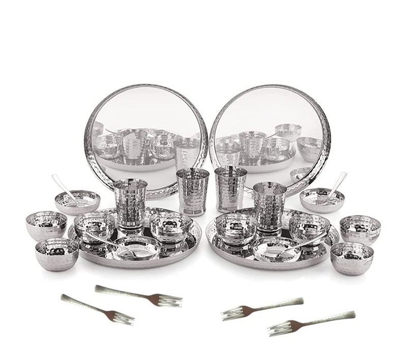 SILVESTER Handcrafted Hemmered Texture Heavy Cauge Mirror Finish Royal Dinner Set comprises of 4 Dinner Plate4 Glass4 Spoon4 Fork4 halwa Plate4 Small Bowl and 4 Big Bowl Pack of 28 Pcs - Image 1
