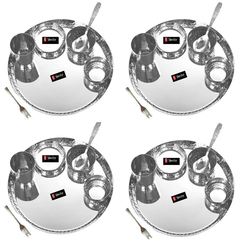 SILVESTER Handcrafted Hemmered Texture Heavy Cauge Mirror Finish Royal Dinner Set comprises of 4 Dinner Plate4 Glass4 Spoon4 Fork4 halwa Plate4 Small Bowl and 4 Big Bowl Pack of 28 Pcs - Image 3