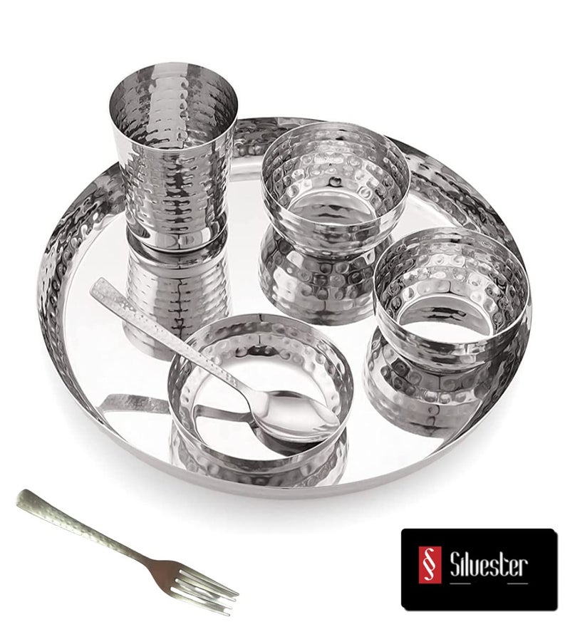 SILVESTER Handcrafted Hemmered Texture Heavy Cauge Mirror Finish Royal Dinner Set comprises of 4 Dinner Plate4 Glass4 Spoon4 Fork4 halwa Plate4 Small Bowl and 4 Big Bowl Pack of 28 Pcs - Image 2