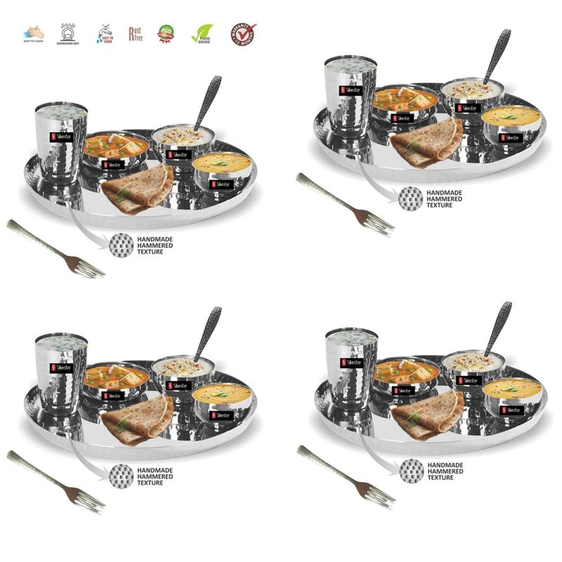 SILVESTER Handcrafted Hemmered Texture Heavy Cauge Mirror Finish Royal Dinner Set comprises of 4 Dinner Plate4 Glass4 Spoon4 Fork4 halwa Plate4 Small Bowl and 4 Big Bowl Pack of 28 Pcs - Image 5