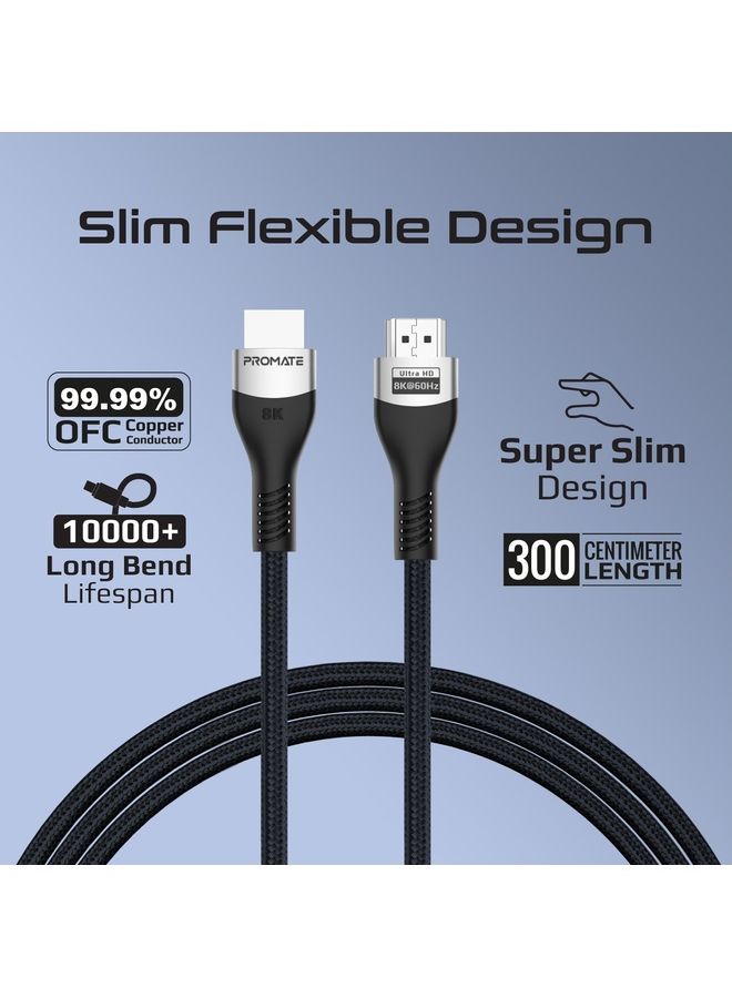 بروميت كابل HDMI 8K، كابل فيديو صوت HDMI 2.1 عالي السرعة بسرعة 48 جيجابت في الثانية مع إرجاع صوتي محسن، سلك رفيع 3 متر ودعم HDR ديناميكي للشاشة، UHDTV، جهاز العرض، PrimeLink8K-300 أسود أبيض - Image 5