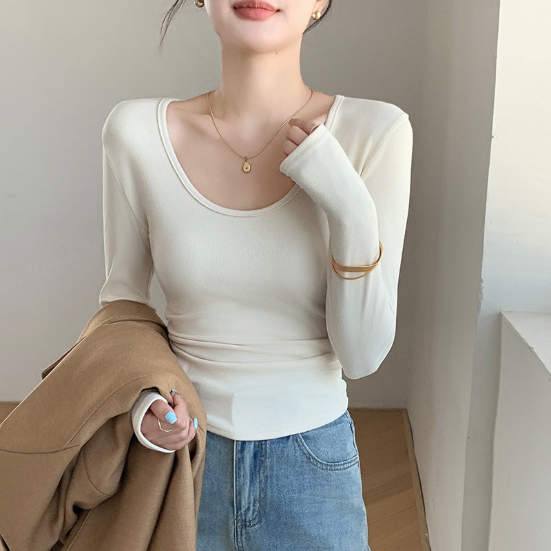 Coconut Fiber Large U-Neck Base Layer Autumn/Winter Brushed Inner T-Shirt Long Sleeve Waist-Controlled Slim Fit Wrinkle Cover Top