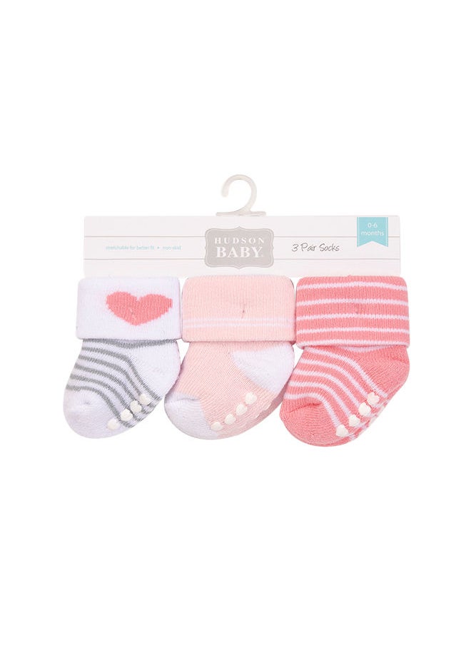 hudson baby Baby Terry Socks With Non-Skid 3 Piece Pink Stripes  - Image 2