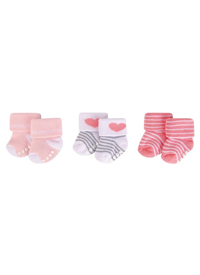 hudson baby Baby Terry Socks With Non-Skid 3 Piece Pink Stripes  - Image 1