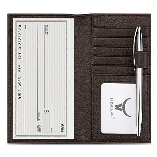 HISCOW Soft Leather Checkbook Cover Card Holder with Divider Italian Calfskin Pebbled Coffee - Image 1