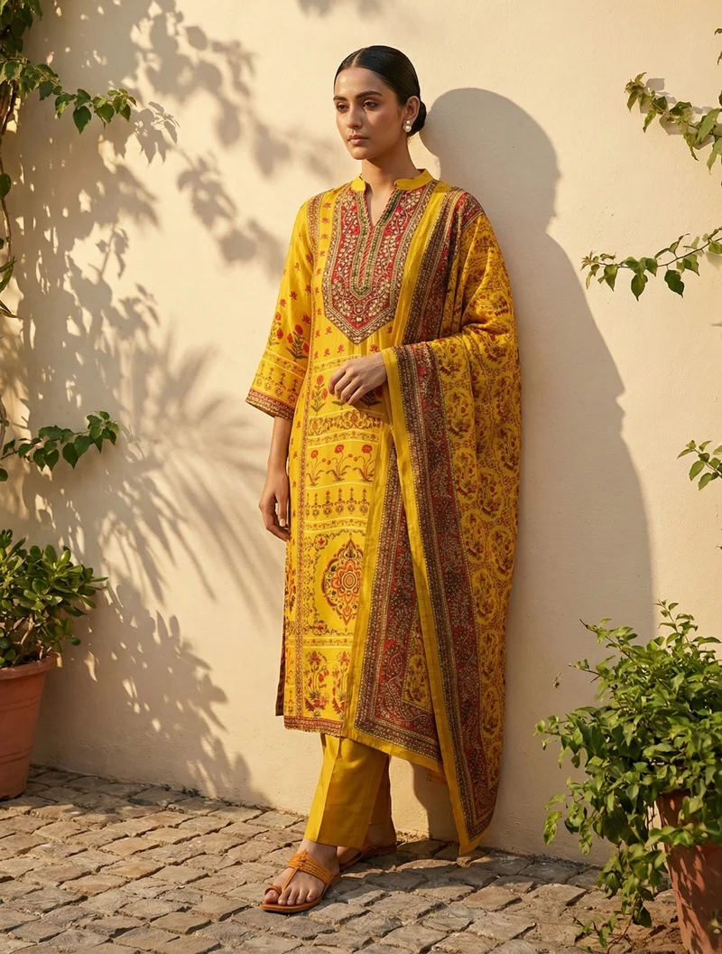 trueBrowns trueBrowns Yellow Floral Print Embroidered Kurta Pant Dupatta Set