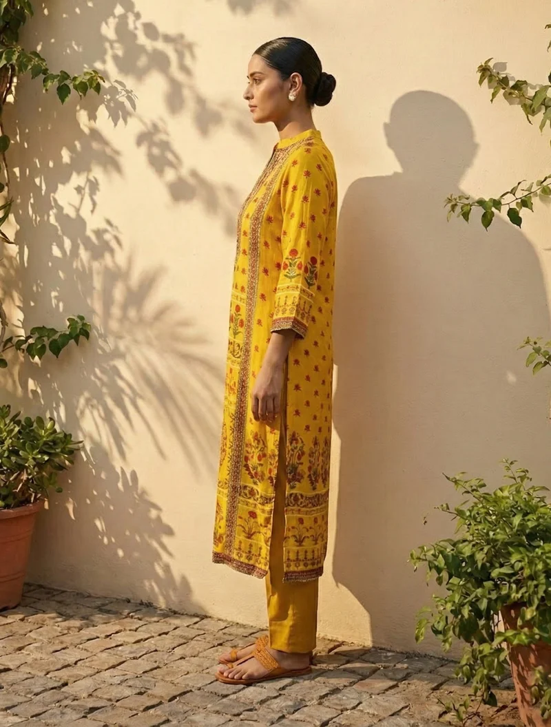 trueBrowns  trueBrowns Yellow Floral Print Embroidered Kurta Pant Dupatta Set  | Best Price UAE