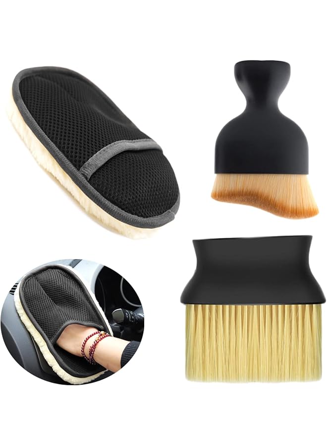 Generic Createbuty Car Detailing Brush Set, Detailing Brush, Air Conditioning Brush And Microfiber Soft Fleece Car Wash Gloves For Cleaning Wheels, Interior, Exterior, Leather, Vent Sign Dashboard [Set Of 3]  - Image 1