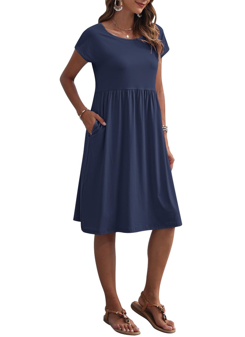 AUSELILY Women's Summer Short Sleeve Knee-Length Dresses Round Neck Loose Dress with Pockets 2026 New, Navy Blue L - Image 2