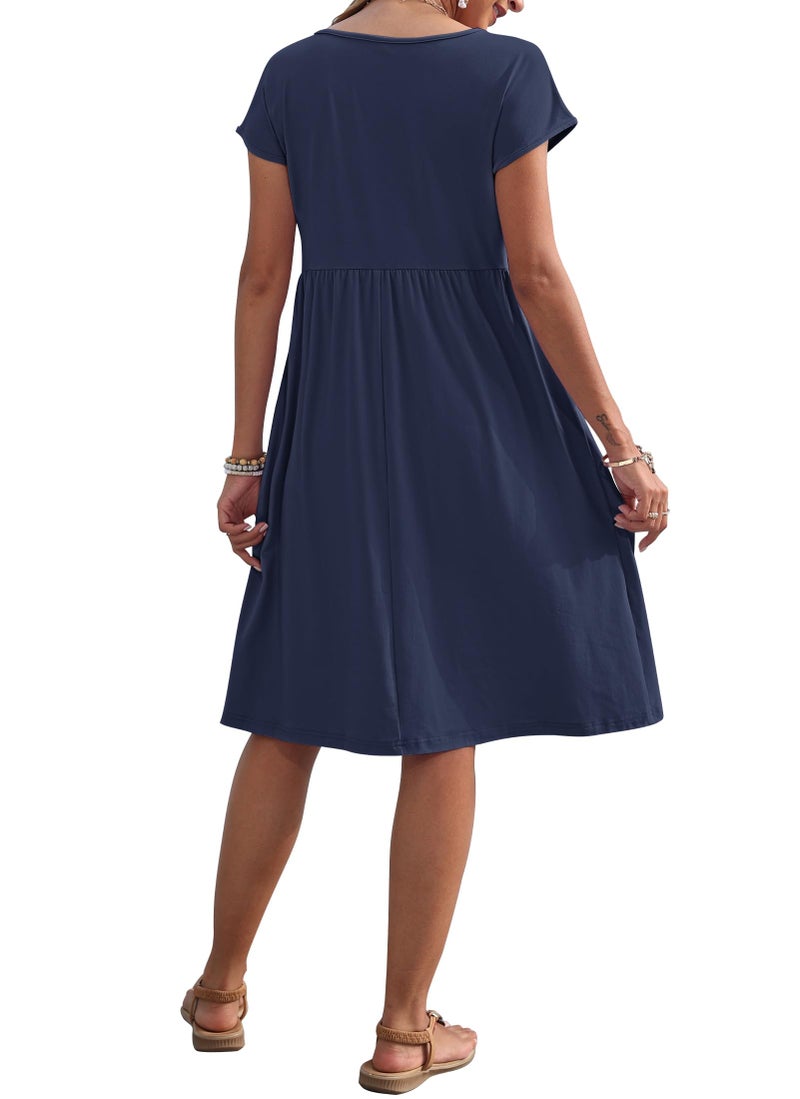 AUSELILY Women's Summer Short Sleeve Knee-Length Dresses Round Neck Loose Dress with Pockets 2026 New, Navy Blue L - Image 4