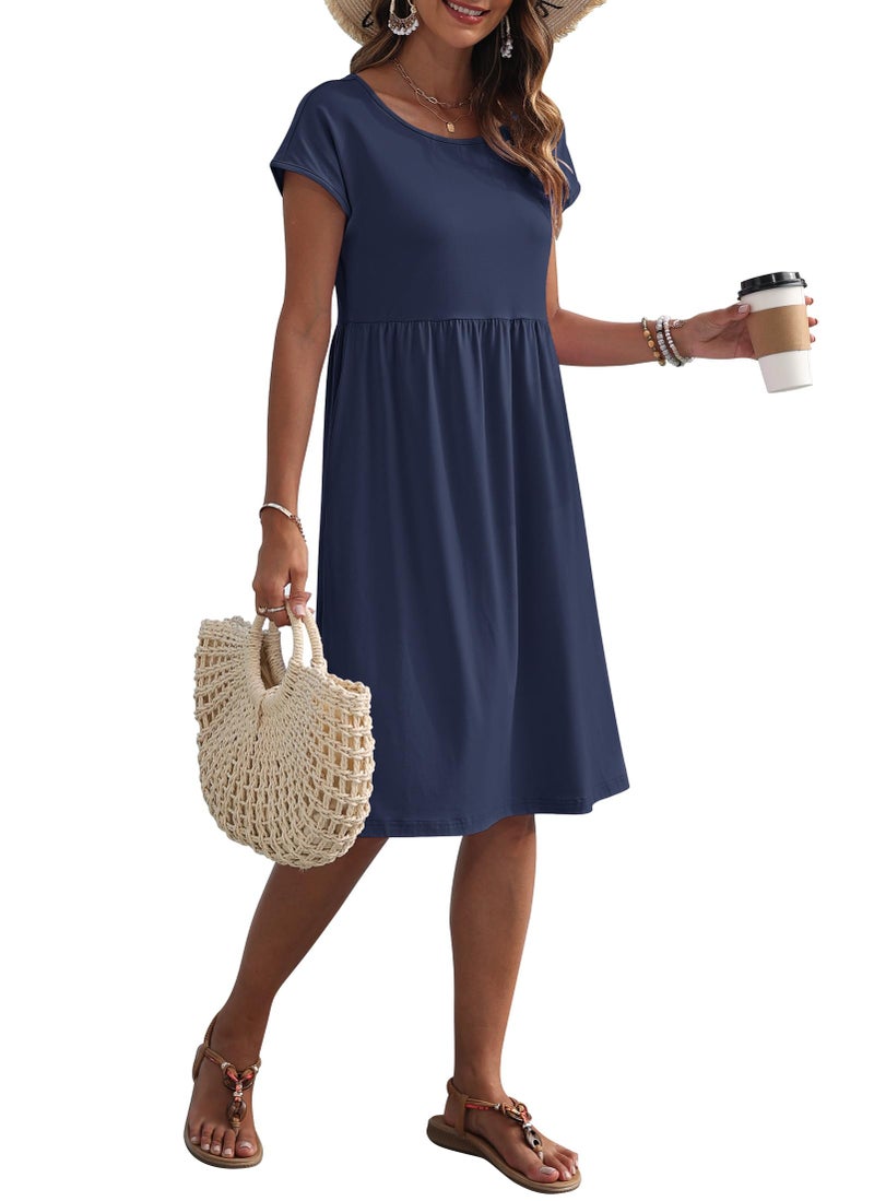 AUSELILY Women's Summer Short Sleeve Knee-Length Dresses Round Neck Loose Dress with Pockets 2026 New, Navy Blue L - Image 5
