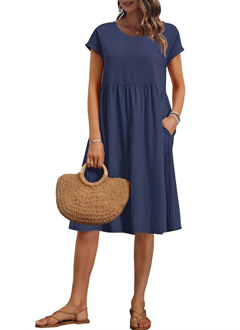 AUSELILY Women's Summer Short Sleeve Knee-Length Dresses Round Neck Loose Dress with Pockets 2026 New, Navy Blue L - Image 1