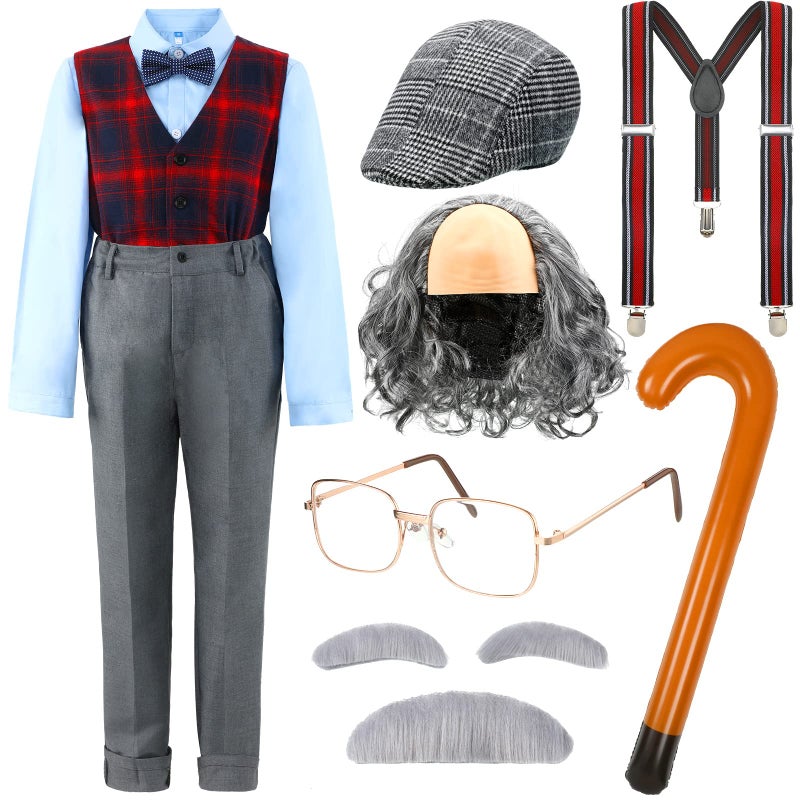Jutom Jutom 13 Pcs Little Old Man Childs Costume Boys Old Man Costume Kit Pretend to Be Grandpa Costume for Boys Grandpa Vest Set Bow Tie Balding Headpiece Pants for 100th Day of School Halloween Decor