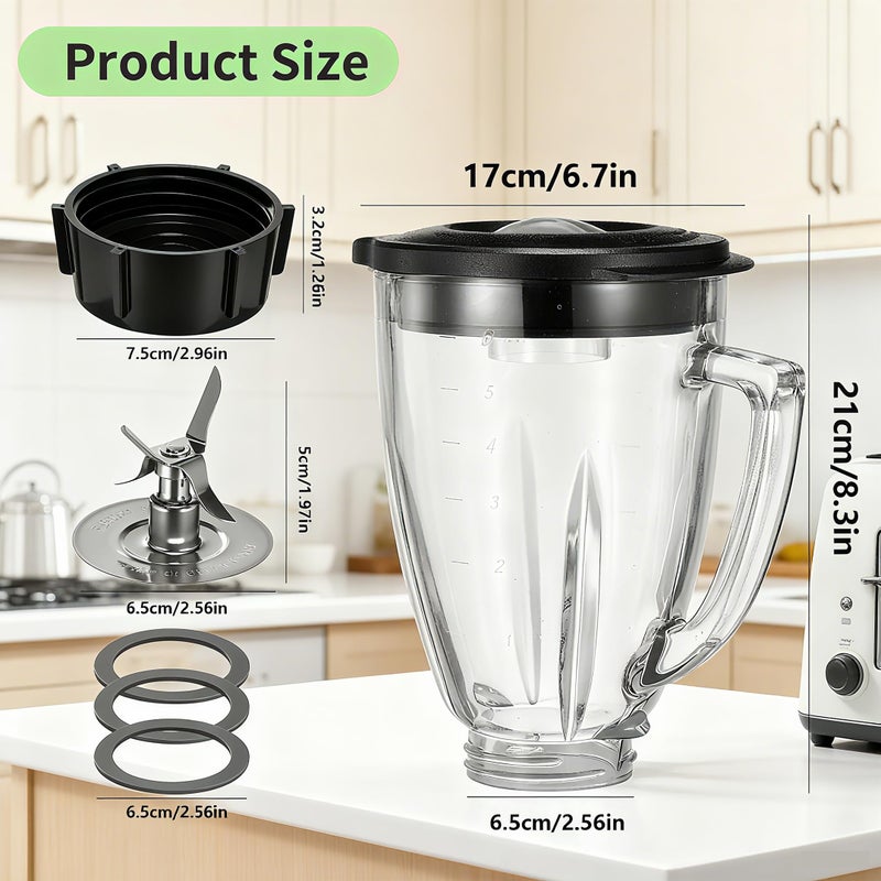 ANABIUP 6 Cup Blender Glass Jar with Bladeï¼ŒIncluding 1 glass jar with lid 1 4fins blade 1 blender jar base 3pcs seal gasket. Replacement Parts for Oster Osterizer (NOT fit Pro, Master or Versa models) - Image 2