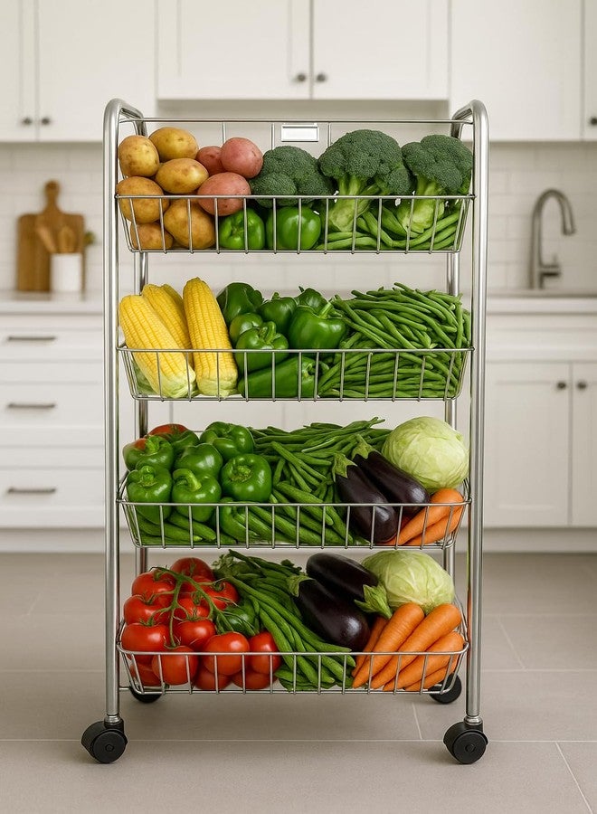 GLOCY 4-Tier Rolling Kitchen Cart, Stainless Steel Storage Rack with Wheels, Multipurpose Utility Organizer for Vegetables, Fruits, Spices, 4 Baskets (Silver) - Image 1