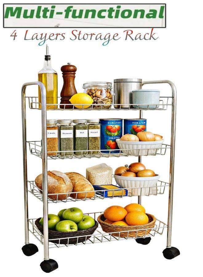 GLOCY 4-Tier Rolling Kitchen Cart, Stainless Steel Storage Rack with Wheels, Multipurpose Utility Organizer for Vegetables, Fruits, Spices, 4 Baskets (Silver) - Image 2