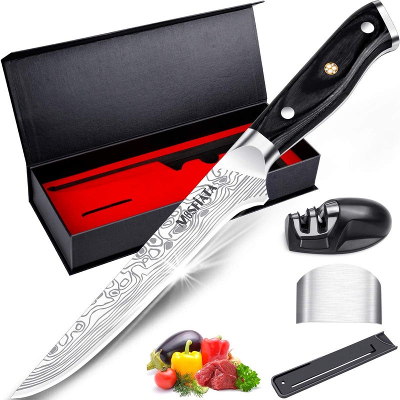 MOSFiATA 6 Boning Knife Sharp Kitchen Cooking Knife with Finger Guard and Knife Sharpener German High Carbon Stainless Steel EN14116 Chefs Knife with Micarta Handle and Gift Box