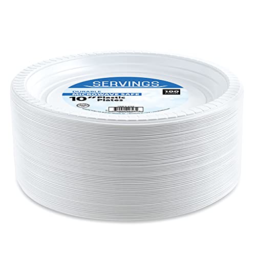 Blue Sky 10 Inch White Plastic Plates 100 Count Disposable Plastic Plates Microwave Safe Perfect for Birthday Parties Weddings Banquets Picnics and Everyday Use