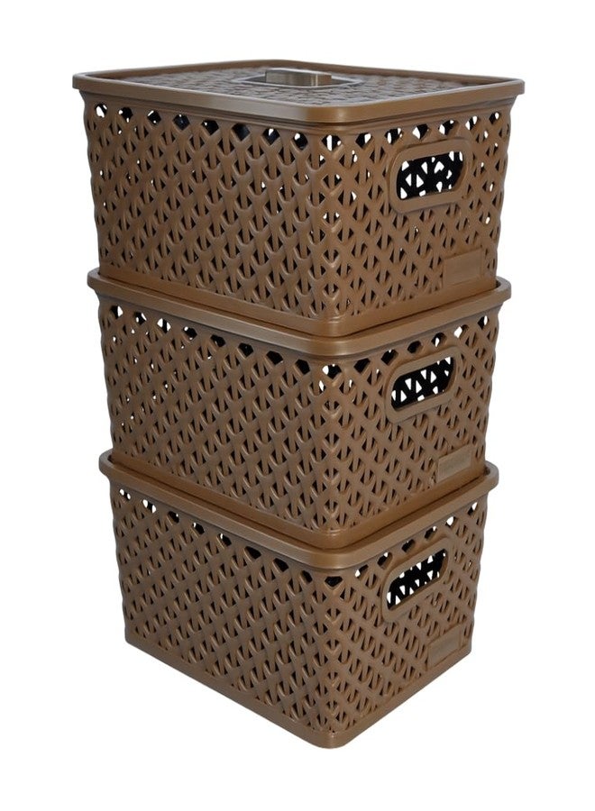 MORVI Libra - 3 With Lid & Handles Multi-Purpose Plastic Storage Basket |Stackable Organizer box for Home, Kitchen,Bathroom,Office|Toys,Clothes,Cosmetics,Pantry & Stationary|Set of 3 | BROWN - Image 1