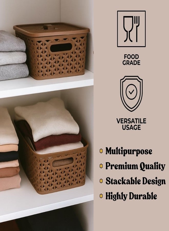 MORVI Libra - 3 With Lid & Handles Multi-Purpose Plastic Storage Basket |Stackable Organizer box for Home, Kitchen,Bathroom,Office|Toys,Clothes,Cosmetics,Pantry & Stationary|Set of 3 | BROWN - Image 4