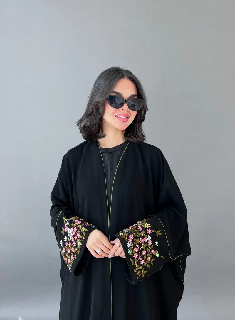 Lusin Abaya Black Bisht Abaya with Olive Trim and Elegant Hand-Beaded Sleeves