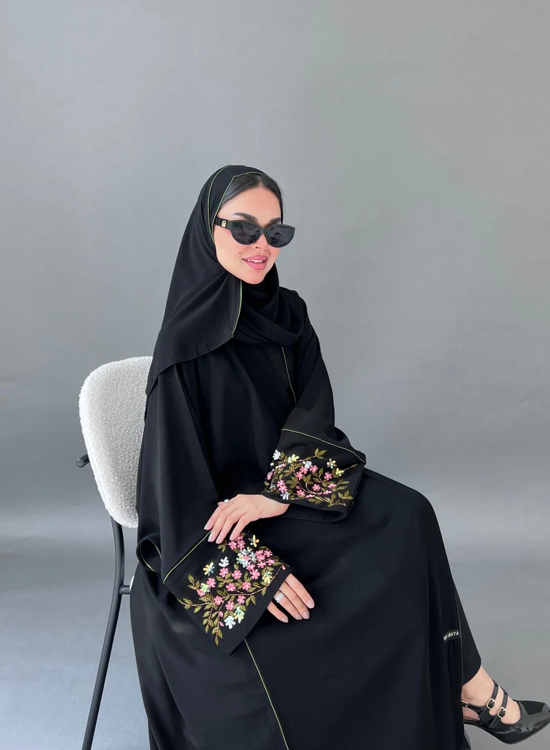 Lusin Abaya Black Bisht Abaya with Olive Trim and Elegant Hand-Beaded Sleeves