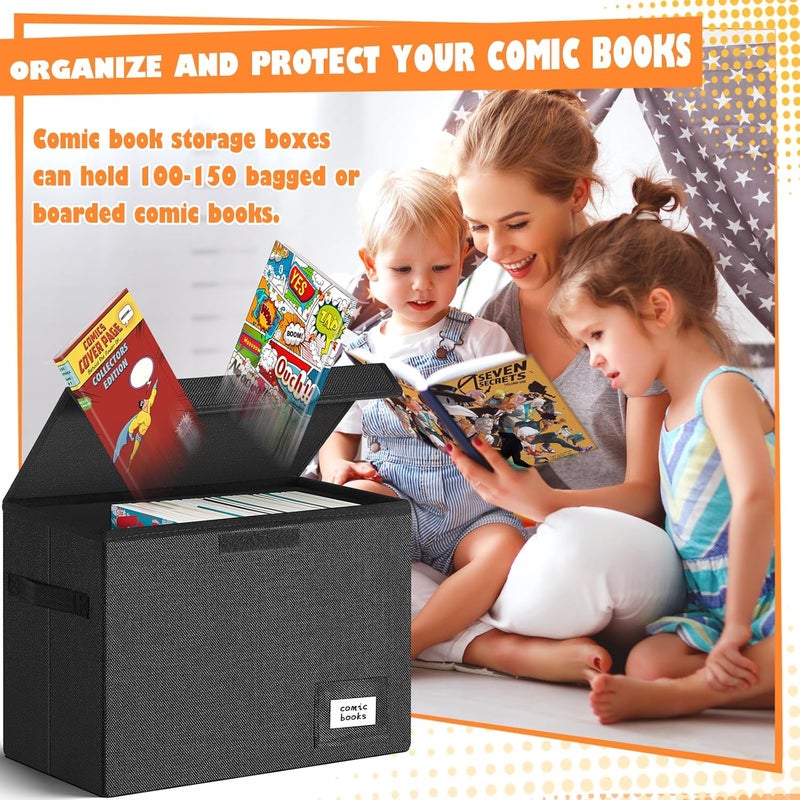 Leffis 4 Pack Comic Book Storage, Collapsible and Stackable Comic Short Box, Moistureproof Comic Box with Lid and Label Slot 15.5" X 7.5" X 11.3" Holds 150 Comics - Image 3