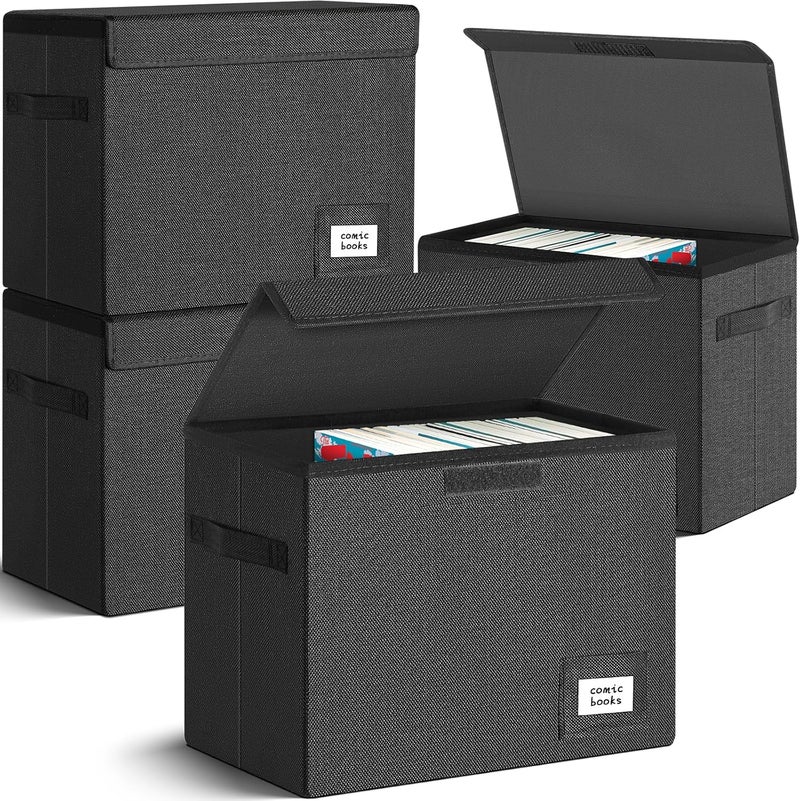 Leffis 4 Pack Comic Book Storage, Collapsible and Stackable Comic Short Box, Moistureproof Comic Box with Lid and Label Slot 15.5" X 7.5" X 11.3" Holds 150 Comics - Image 1