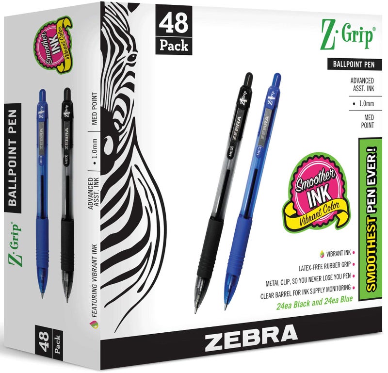 Zebra Pen قلم زيبرا كروي - عبوة كبيرة من 48 قلم Z-grip قابل للسحب بقطر 1.0 مم، 24 قلم أسود و24 قلم أزرق - Image 1