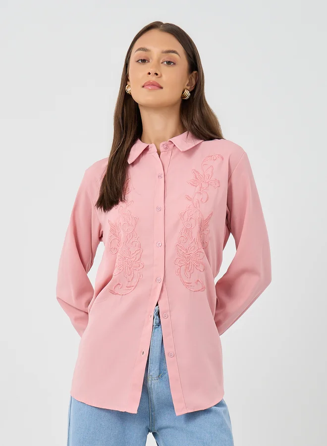 ستايلي Styli Floral Embroidered Spread Collar Shirt