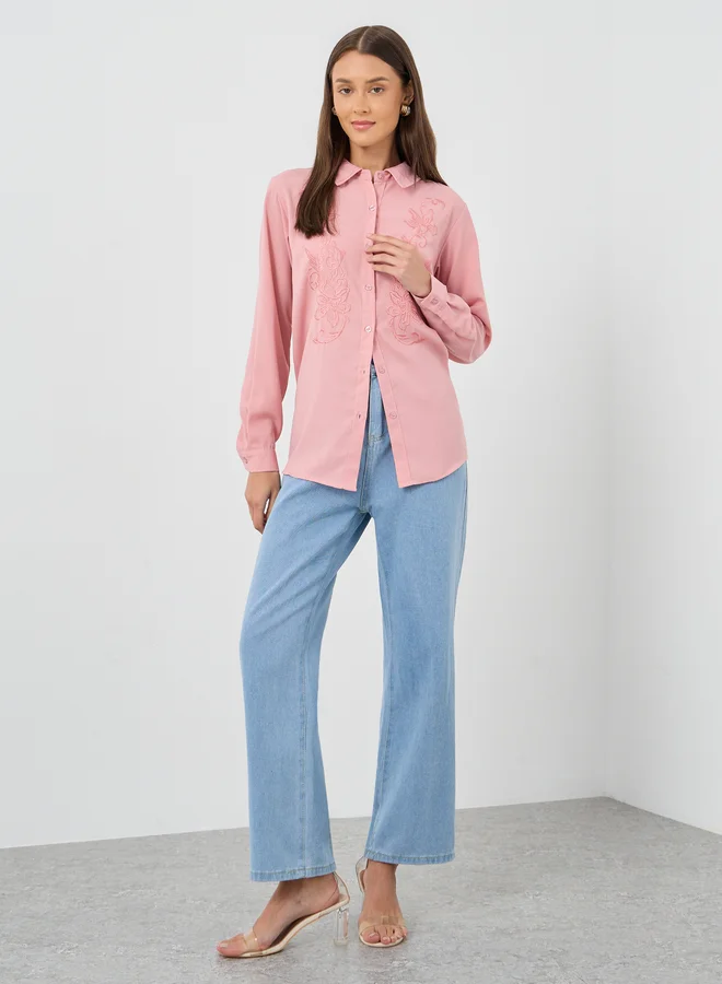 ستايلي Styli Floral Embroidered Spread Collar Shirt