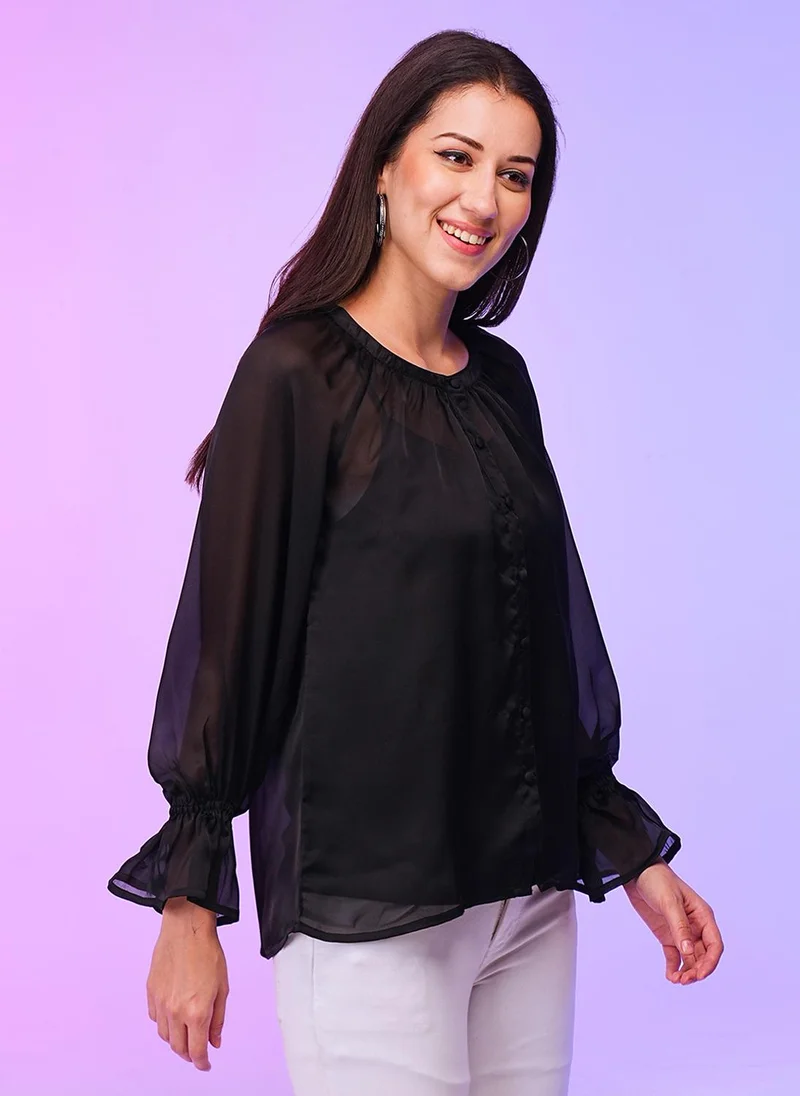 globus Globus Women Black Crepe Shirt Style Top With Inner